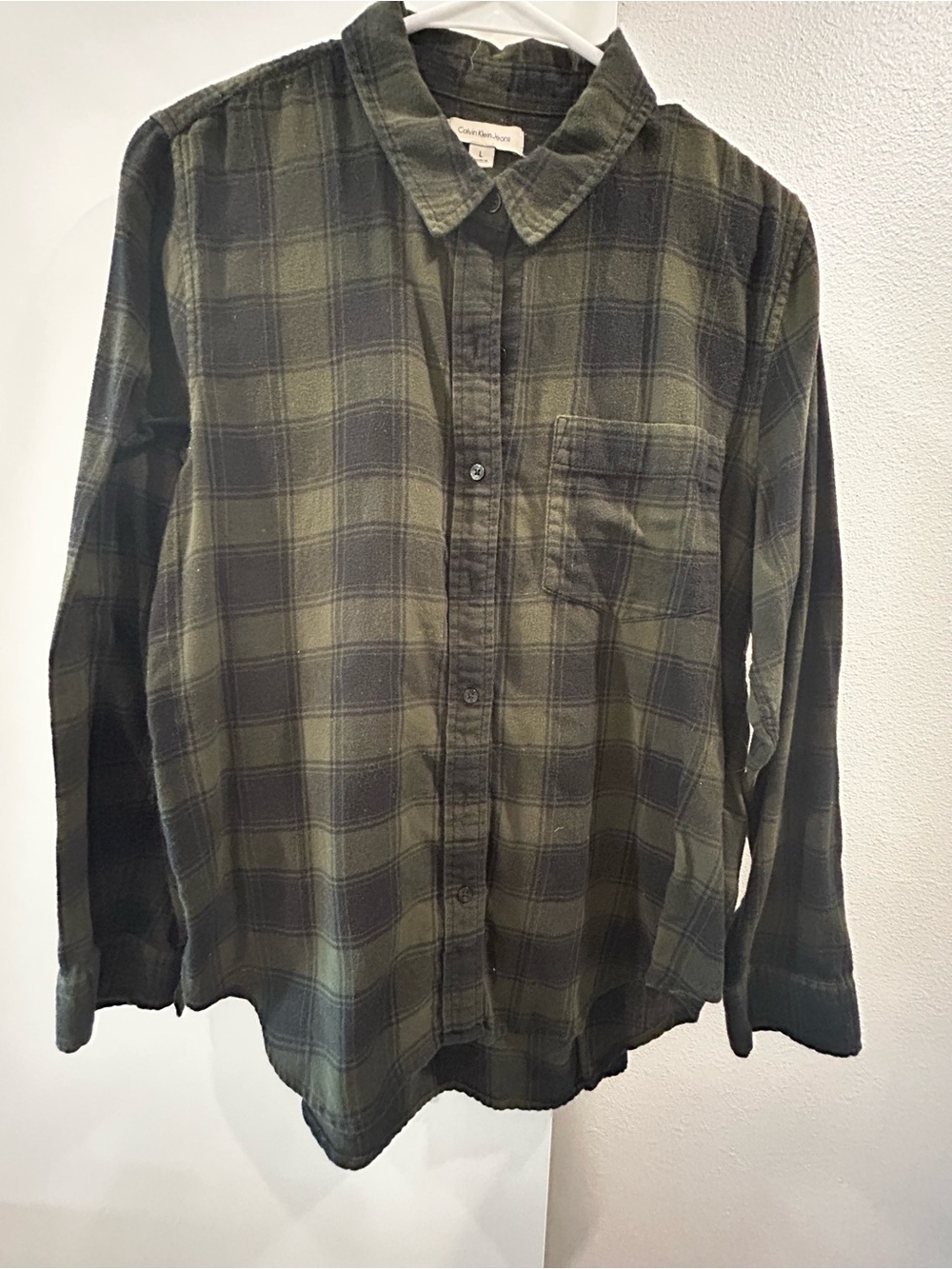 Calvin Klein Jeans Women’s Olive Green and Black Plaid Button-Up Shirt